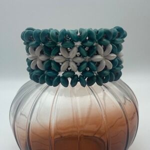 Boho Beaded Stretch Bracelet Teal White Seed Bead Flower Design Women's Festival